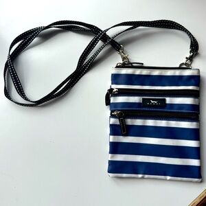 SCOUT navy & white striped Crossbody Bag, vinyl exterior and interior.